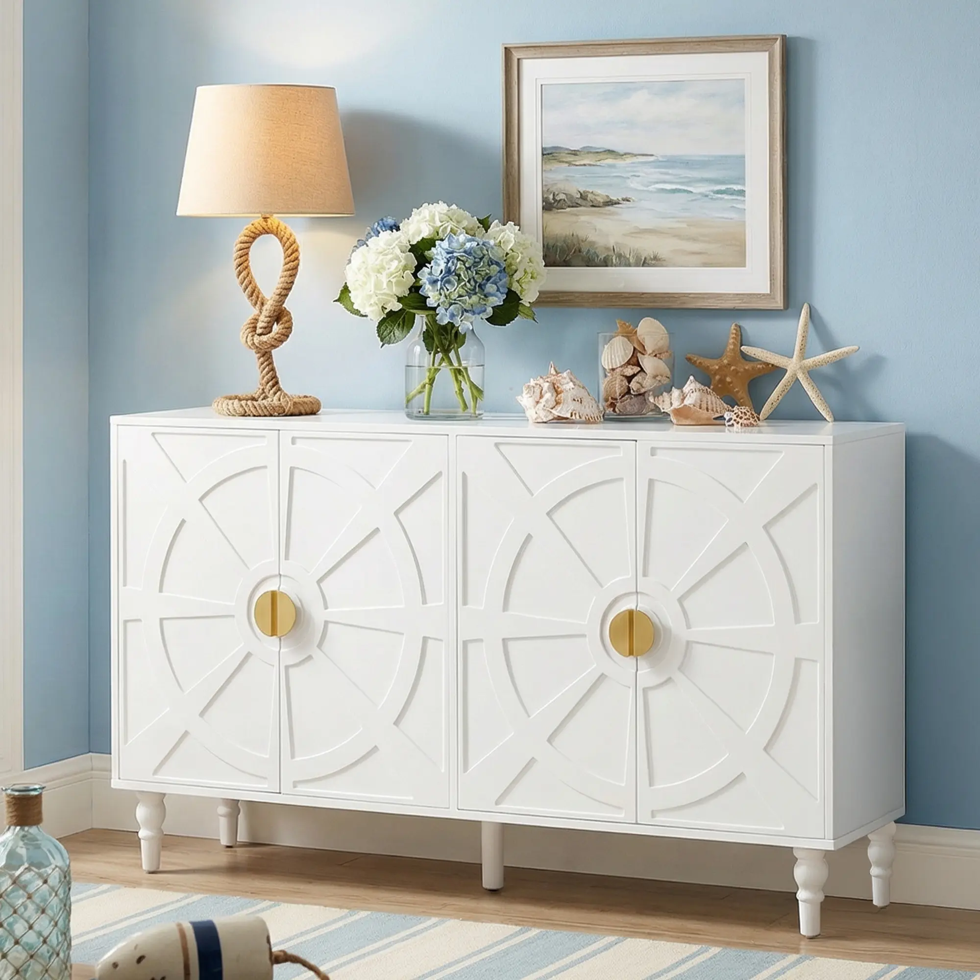 RoyalCraft 55'' Buffet Cabinet with Storage, Vintage Sideboard with Ship Wheel Pattern and Adjustable Shelves, Wood Credenza Coffee Bar with Solid Wood Legs for Kitchen, Dining Room