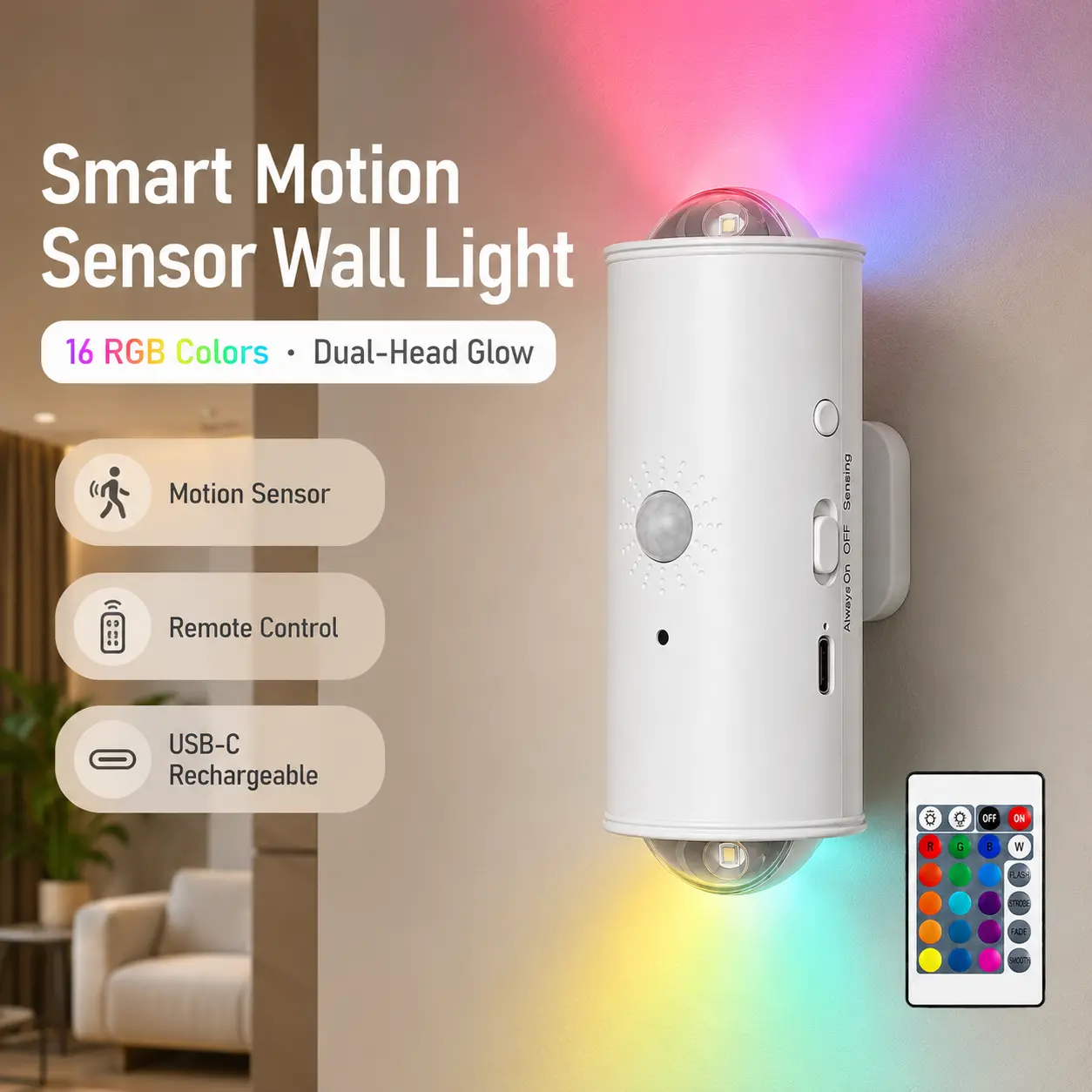 PINKART RGB wall sconce with motion sensor, rechargeable magnetic LED wall light with remote control, dual-head up-and-down ambient lighting, cordless night light for bedroom, hallway, staircase, closet