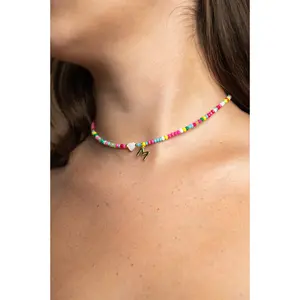 Color Bead Initial Necklace with Colorful Beads and Gold Pendant