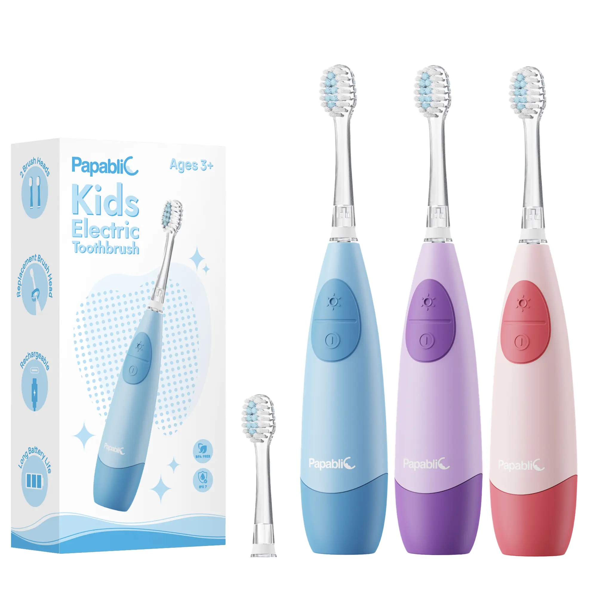 Papablic Kids Sonic Electric Toothbrush with LED Light & Smart Timer, USB Rechargeable for Children 4+, Waterproof, Includes 2 Replacement Brush Heads, Blue, Usb Port, 4+ Years, Cordless Tooth Cleaner, Healthy Teeth, Food Grade, Daily Care