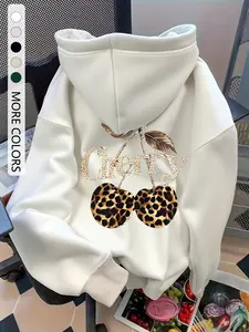Women's Leopard Print Cherry Hoodie with Kangaroo Pocket, Adjustable Drawstring Shoulder Slouchy Sleeves, Casual Loose Fit Long Sleeve Sweatshirt for Fall, Cherry And Leopard Hoodie With Drawstring, Womenswear