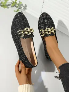 Women's Fashionable Plain Color Chain Decorated Tweed Flat Shoes, Casual Flats, Casual Comfortable Slip on Loafers Shoes for Daily Wear, Lightweight Breathable Shoes for All Seasons