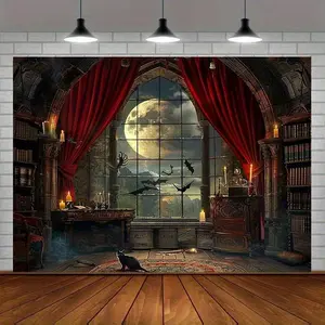 1Pc Medieval Castle Witch Halloween Tapestry - Peach Light Beige Wall Hanging Decor With Gothic Arch Window, Bats & Full Moon Design, Horizontal Indoor Wall Art For Dorm, Bedroom, Living Room, Office boys and girls room decor