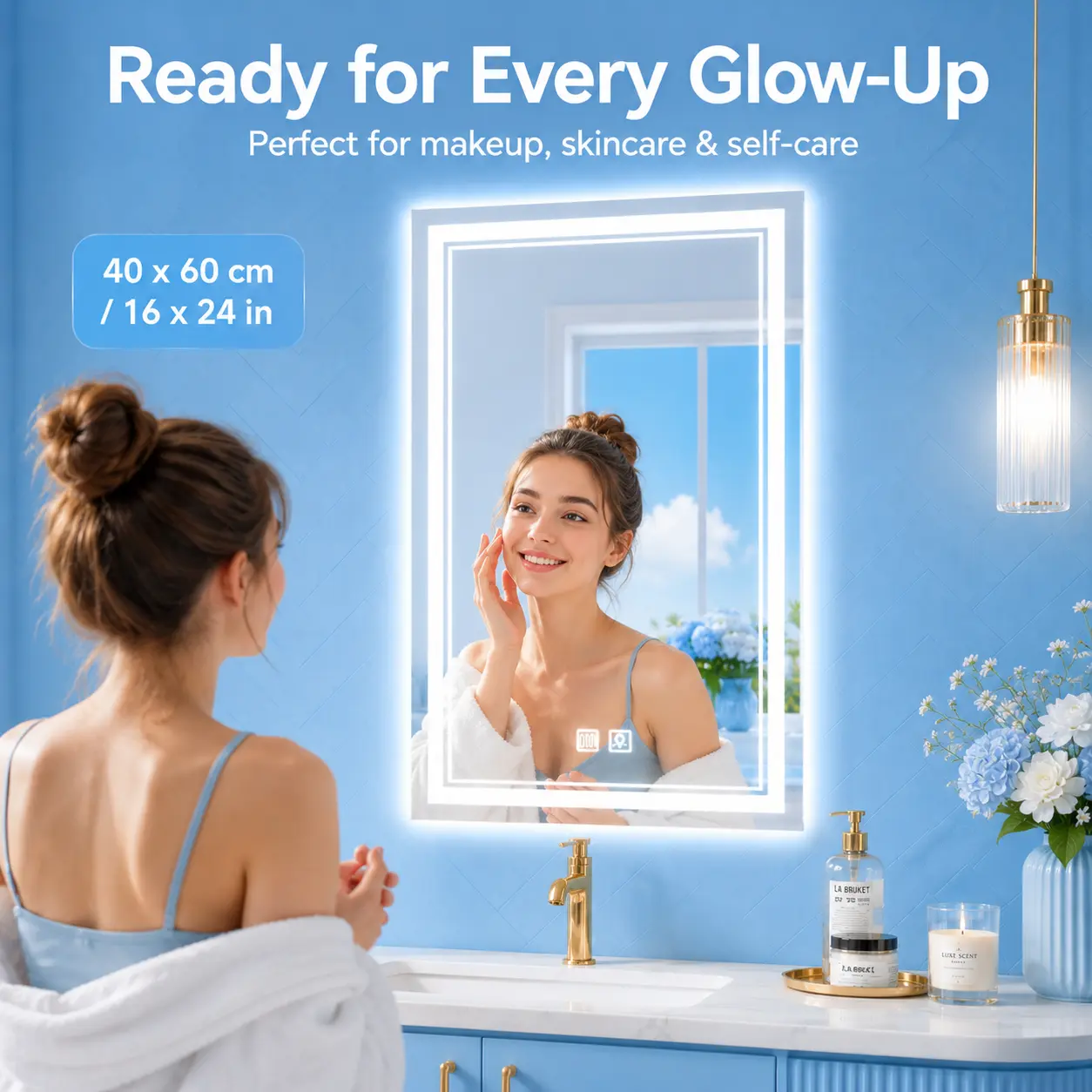 16x24 in Adjustable Rectangle LED Bathroom Wall Mirror with Dimmable Anti-Fog Touch Control, Plug-In/Hardwired, Vertical Wall Mounted Tempered Glass Fixture, Dual Buttons, Defogging Function, Polished Front for Indoor Use