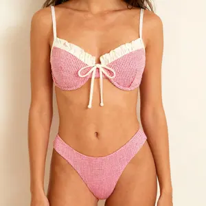 SEAMOLY Women's 2-Piece Ruched Gingham-Spliced Ruffle Trim Tied Underwire Cheeky Bikini Set, Triangle Halter Glossy Top, Polka Dot Print, Thong Bottom, Swimsuit Fabric, Beach Swimwear, Summervibes Ruffle Swimsuits