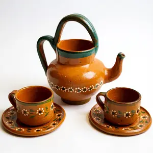 Mexican Clay Pottery Set – Teapot Cups & Plates Hand-Painted Talavera Style Traditional Handmade Floral Designs BarroMexicano Rustic Kitchen Decor