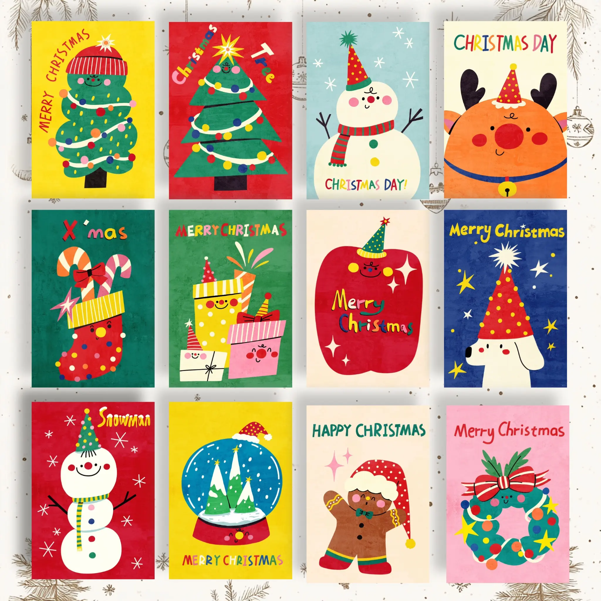 Handmade Christmas Card Set of 16 | Featuring Christmas Tree, Snowman, Santa & Merry Christmas Designs