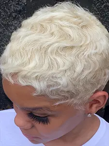 Blonde Color Short Curly Wave Pixie Wig for Women 8" Deep Wave Brazilian Remy Human Hair 150% Density Full Machine Made Wig
