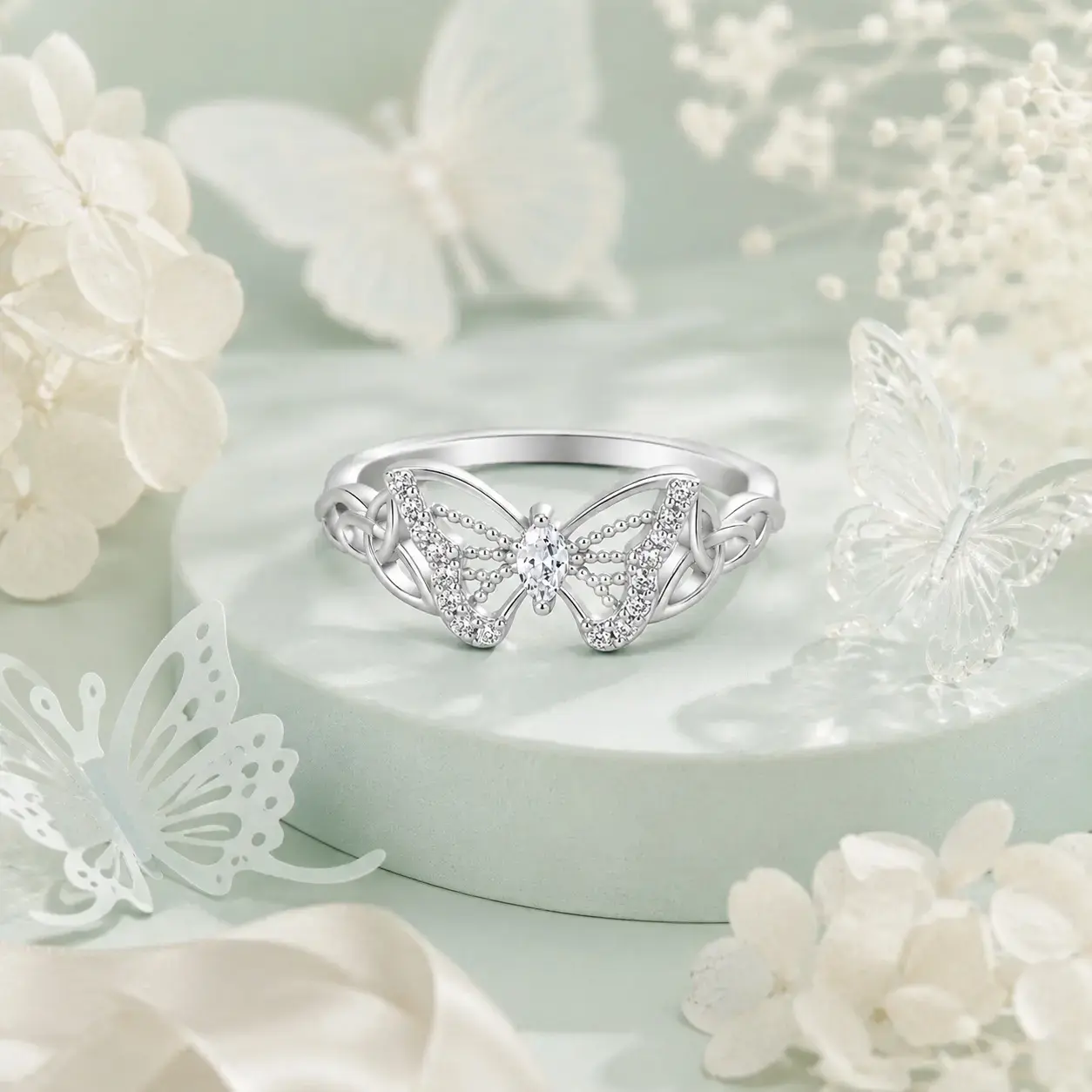 Women's S925 Sterling Silver Butterfly Design CZ Ring - Celtic Knot Band, 5A Cubic Zirconia Accents, Ornate Silver-Toned Ring for Daily Wear, Classic Female Fashion Jewelry, Cz Rings