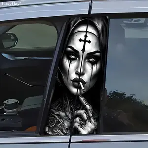 2-Piece tattoo smoking nun car sticker, self-adhesive B-pillar sticker, scratch-resistant plastic/film, suitable for cars, trucks, SUVs (dark theme) vinyl car sticker, vehicle decoration, dark aesthetic sticker, wear-resistant sticker Car Decals