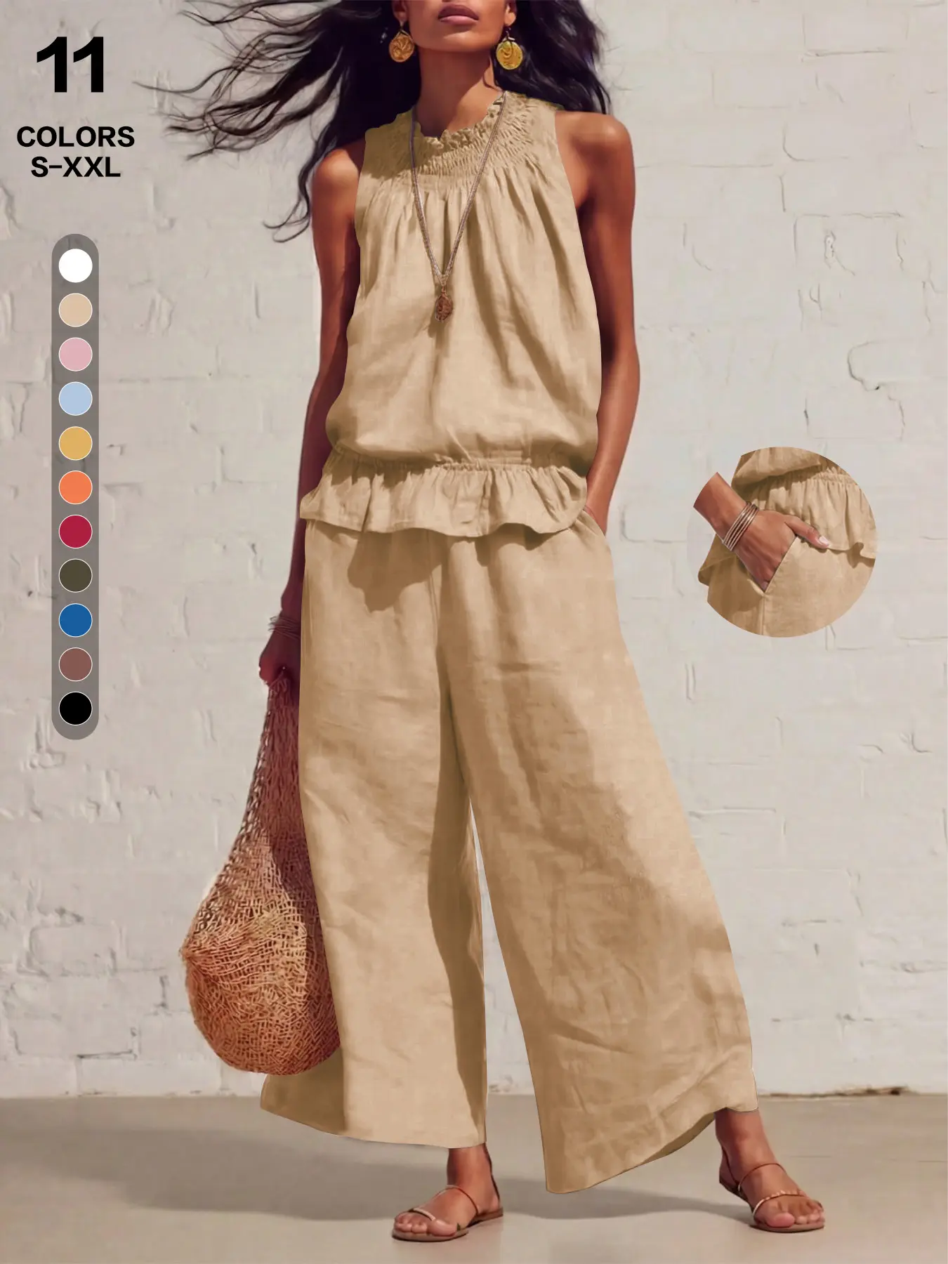 Women's 2-Piece Linen Blend Knitting Pants Set - Breathable Pastel, Smocked Peplum Top, Long-Leg Wide-Leg Lounge Pants with Deep Side Pockets, Tummy-Hiding Hem, Elastane, Stretchy, Drawstring, No Excess Bulk, Boho Vibe Resort Wear