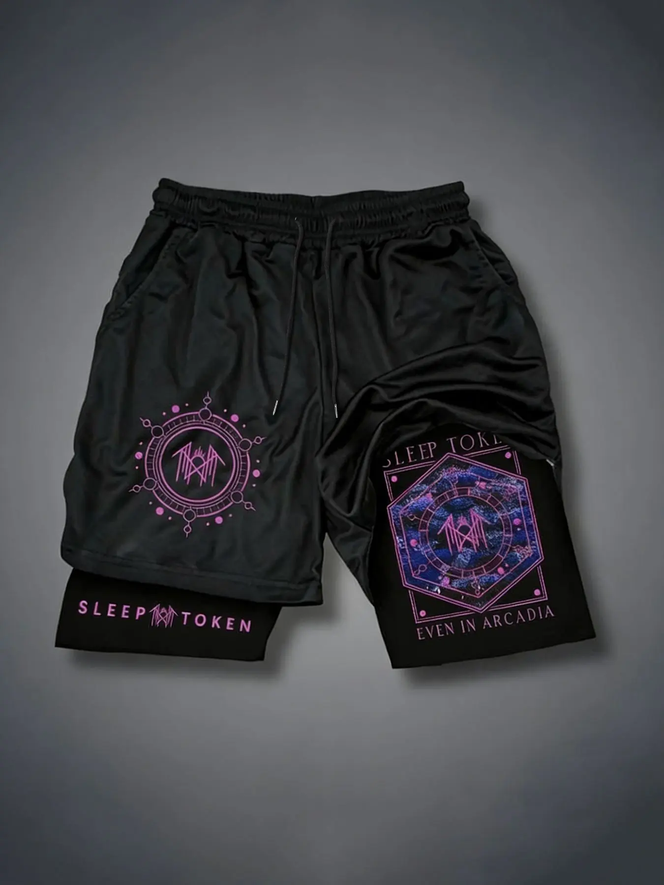 Sleep Token Rock Band Shorts, Geometric Print, Double Layer Sporty Fitness Five-Quarter Pants, Training Workout Shorts, Drawstring Athletic Shorts, Drawstring Active Shorts, Track Shorts