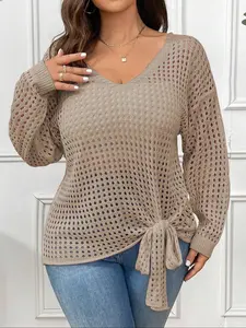Women's Plus Size Hollow Out Drop Shoulder Knit Sweater, Knitwear, Casual Loose-Fitting Spring & Fall Fashion, Thin Fabric, Lightweight, Knot Design