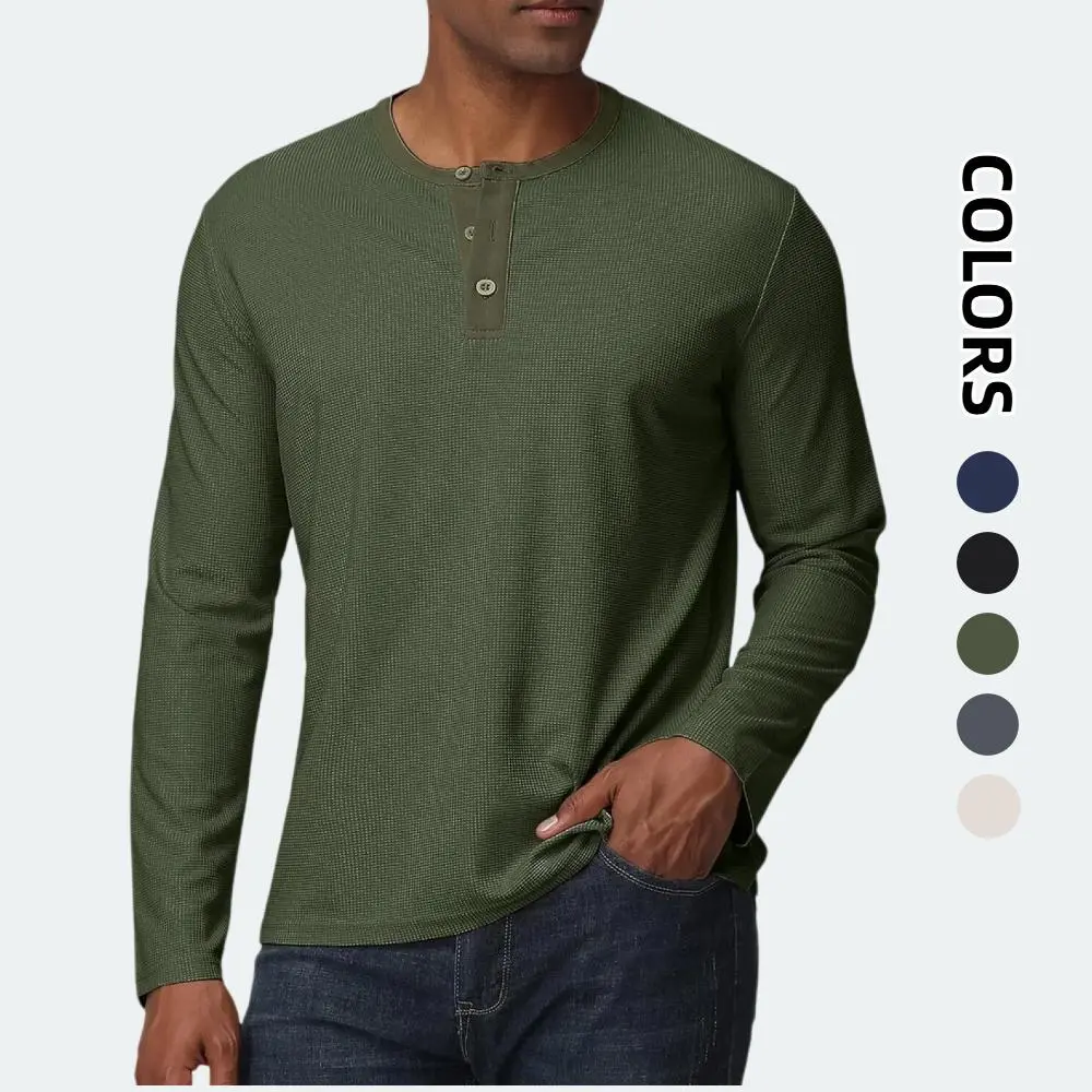 Men's Waffle Knit Henley Shirts Long Sleeve, Lightweight Textured 3 Button Casual Pullover T‑Shirt, Basic Knit Tops for Workout Streetwear Outdoor Daily Wear