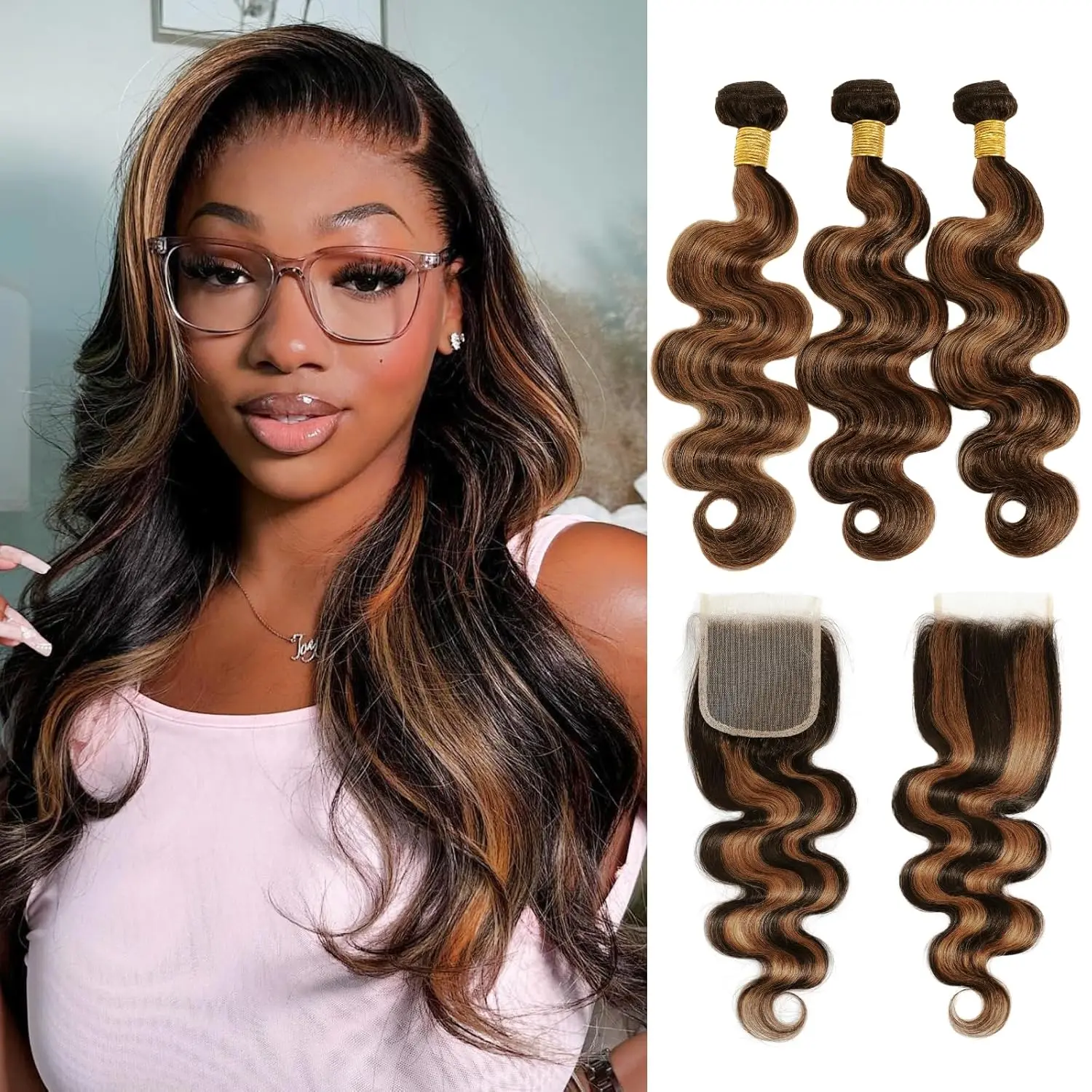 ALHER Brown Highlight Body Wave 2x6 HD Lace Closure with Bundles Human Hair Soft Glossy 12A Ombre Balayage Bundles with Free Part 4x4/5x5 Closure #1b/30 Color Black and Brown Bundles and Ear to Ear 13x4/13x6 Frontal 100% Remy Hair