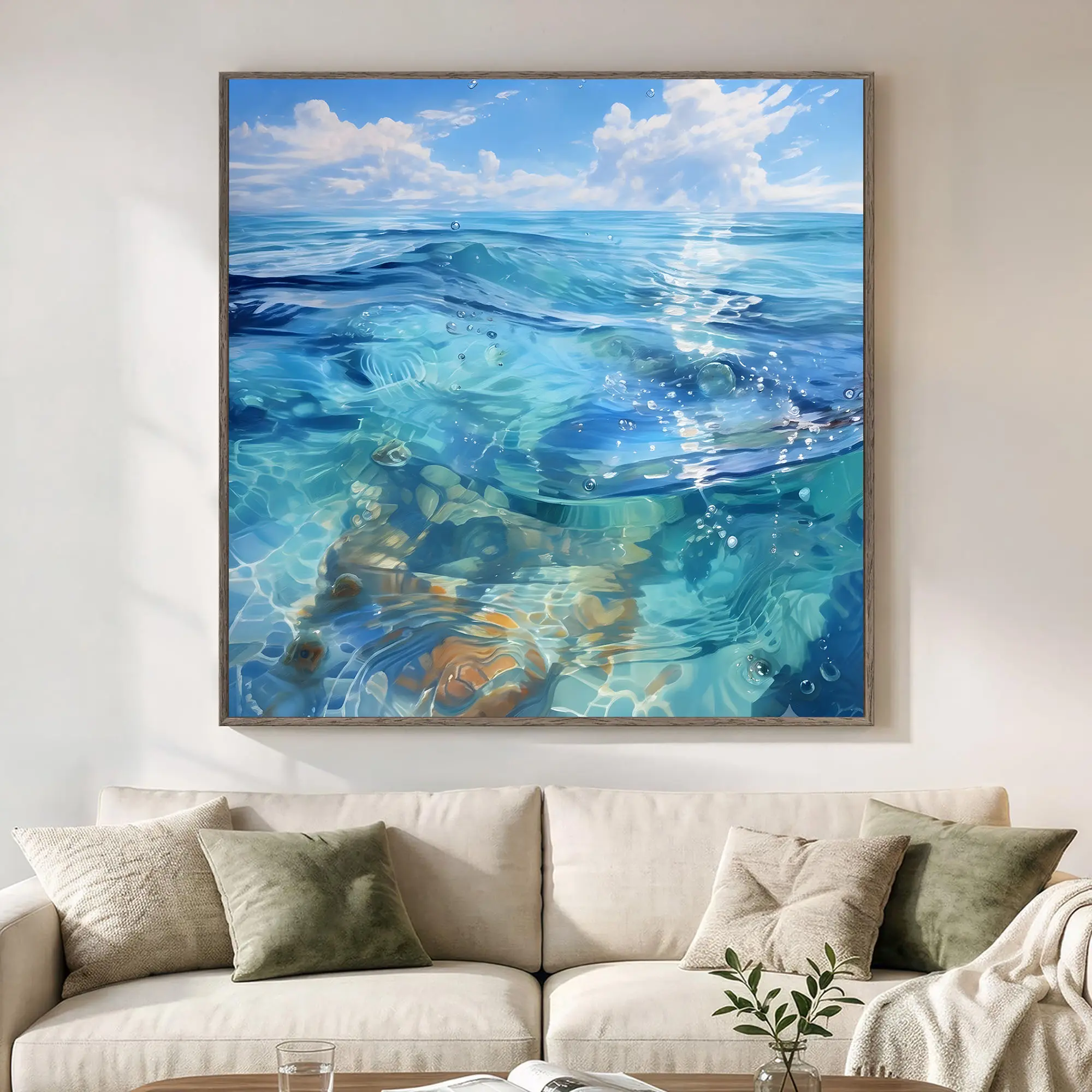 Waterproof Ocean Waves Canvas Print - Spruce Wood Inner Framed Coastal Artwork Painting, Modern Vibrant Seascape Home Decor for Living Room
