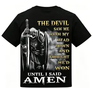 Men's 100% Cotton Casual Graphic Tee - Vintage Knight Templar Christian Print Menswear, Short-Sleeve Religious Streetwear, Plus Size Up to 5XL (XXXXL Available)