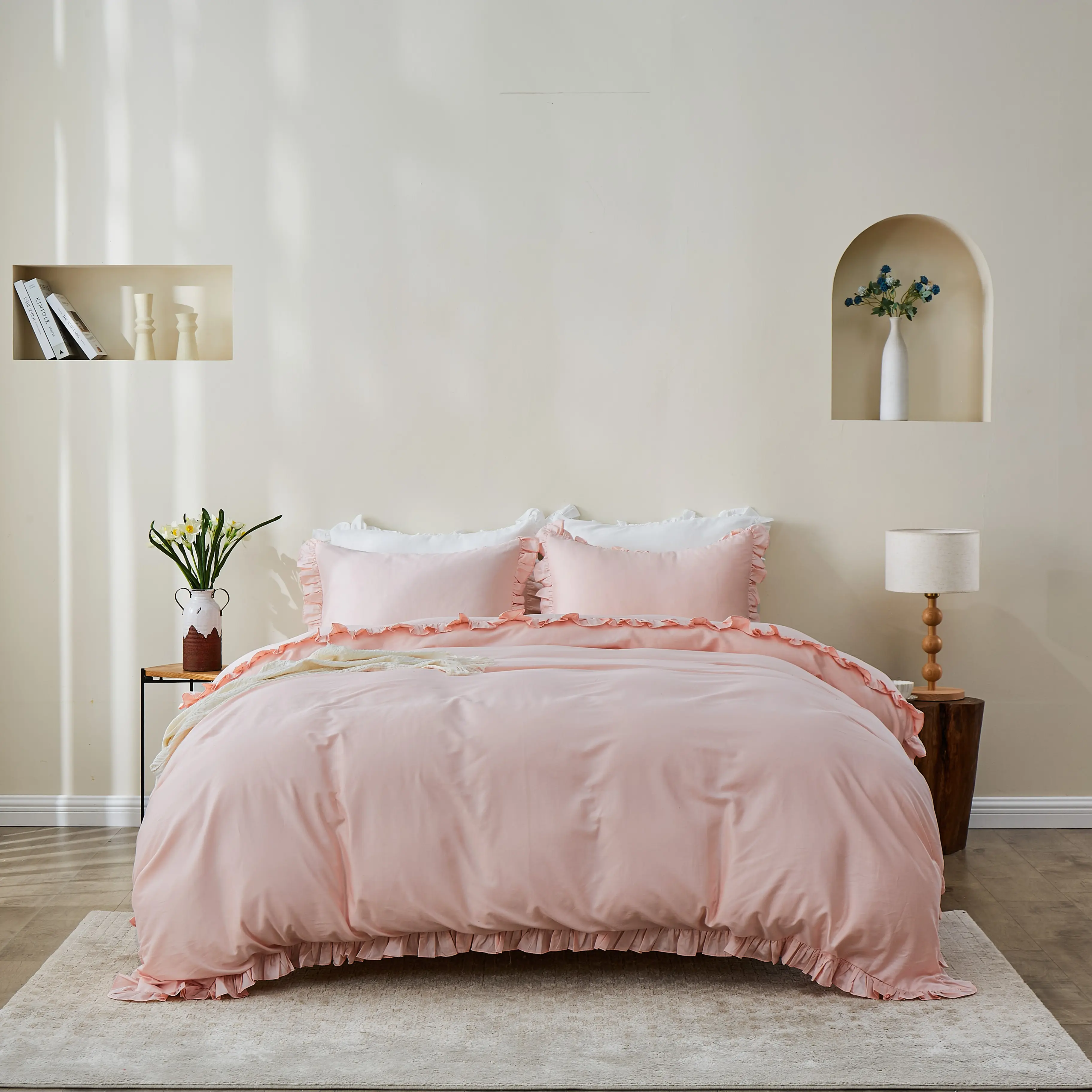 Simple&Opulence 100% Soft Organic Cotton Comfy Bed Set - Breathable Duvet Cover with Ruffle-Lace, Decorative Bedding Set for Boho Shabby Chic Style Elevates Rooms, 30℃ Machine Wash Compatible Bedroom Decor Ideas