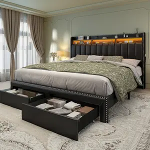 [SummerVibes] SIBEDS Luxury Wingback Bed Frame with Channel Tufted Headboard, Modern Upholstered Platform Bed with Storage Drawers & Rivet Trim, Adjustable Headboard, No Box Spring Needed, Twin/Full/Queen/King Bedroom Furniture