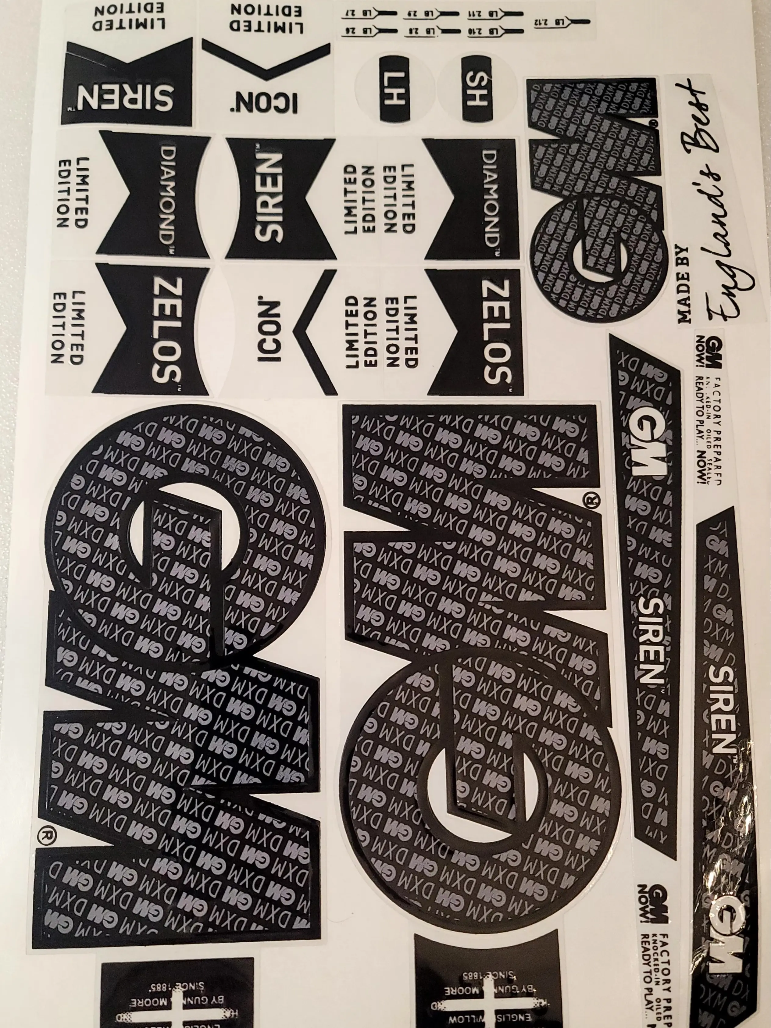 Cricket Bat Sticker for Gunn & Moore GM Zelos Icon - Diamond Siren - Limited Edition, 3D Embossed Full Set - Black