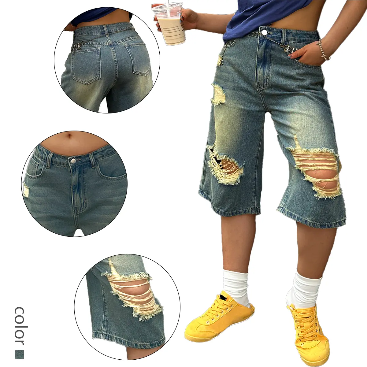 Vintage Distressed Denim Culottes for Women - Light Wash Ripped Jean Capris with Baggy Fit