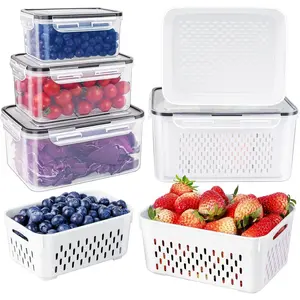 4 PCS Large Fruit Containers for Fridge - Leakproof Food Storage Containers with Removable Colander - Dishwasher & microwave safe Produce Containers Keep Fruits, Vegetables, Berry, Meat Fresh longer