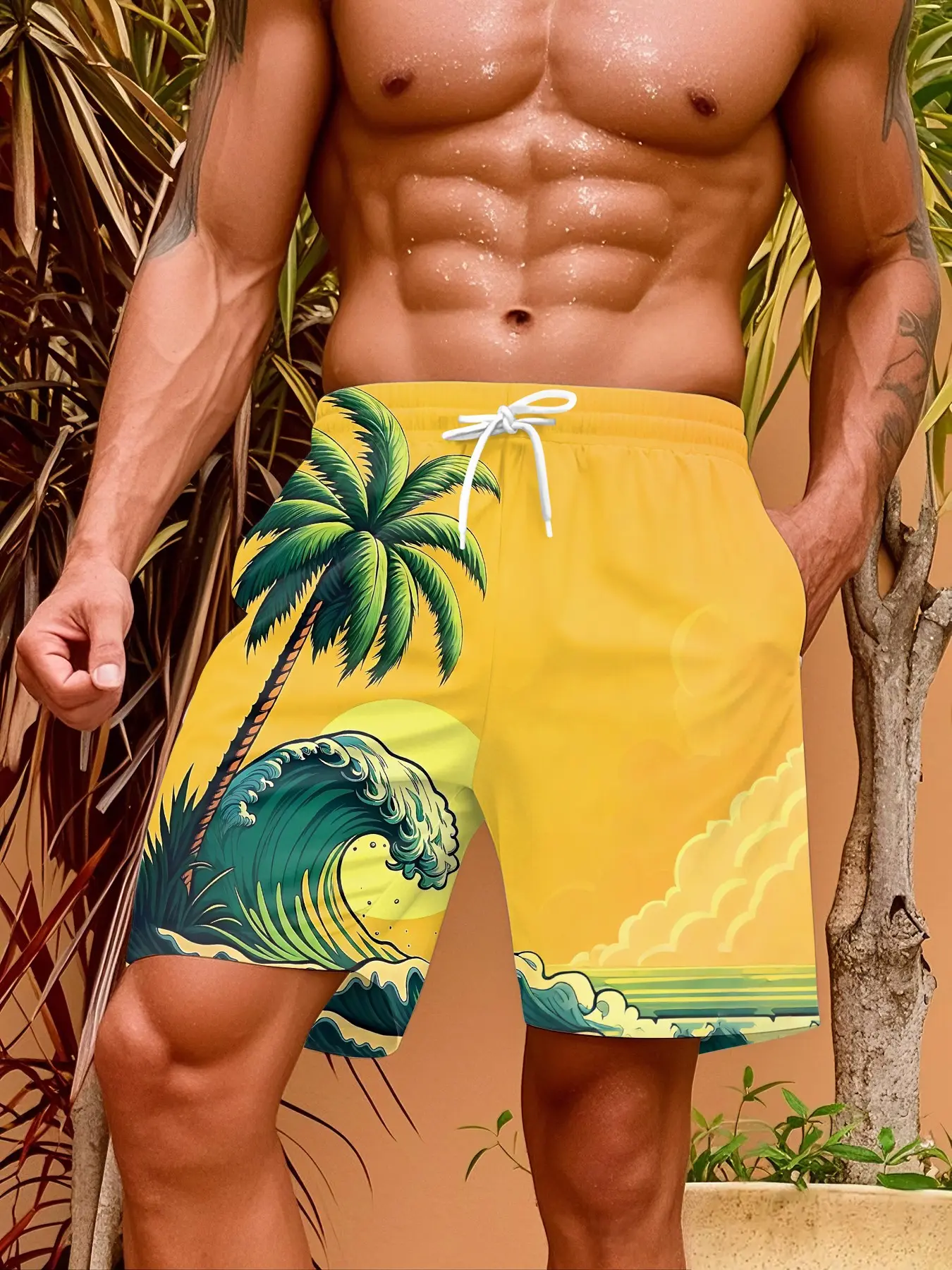 Men's 3D digital printed bright yellow coconut wave beach shorts, Summer Swim Bottoms, lightweight, suitable for surfing, swimming, sports, comfortable, a must-have for summer Summer Swim Trunks