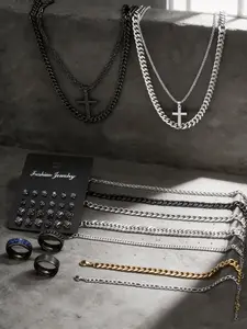 38-Piece Jewelry Set, Casual Hip-Hop Stainless Steel Men's Accessories, Zircon Earrings, Cross Necklace, Bracelet, Ring, Birthday Gift, Necklaces Earrings Set