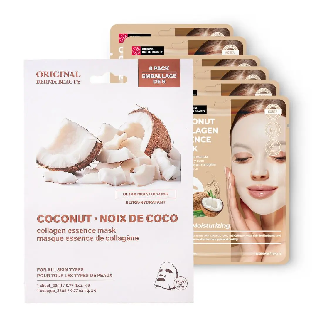 Original Derma Beauty Coconut Collagen Essence Mask for Hydration and Enhanced Skin Health, 6 Masks Per Pack, Multi-Pack, Enhances Skin Health, Natural Boost For Skin