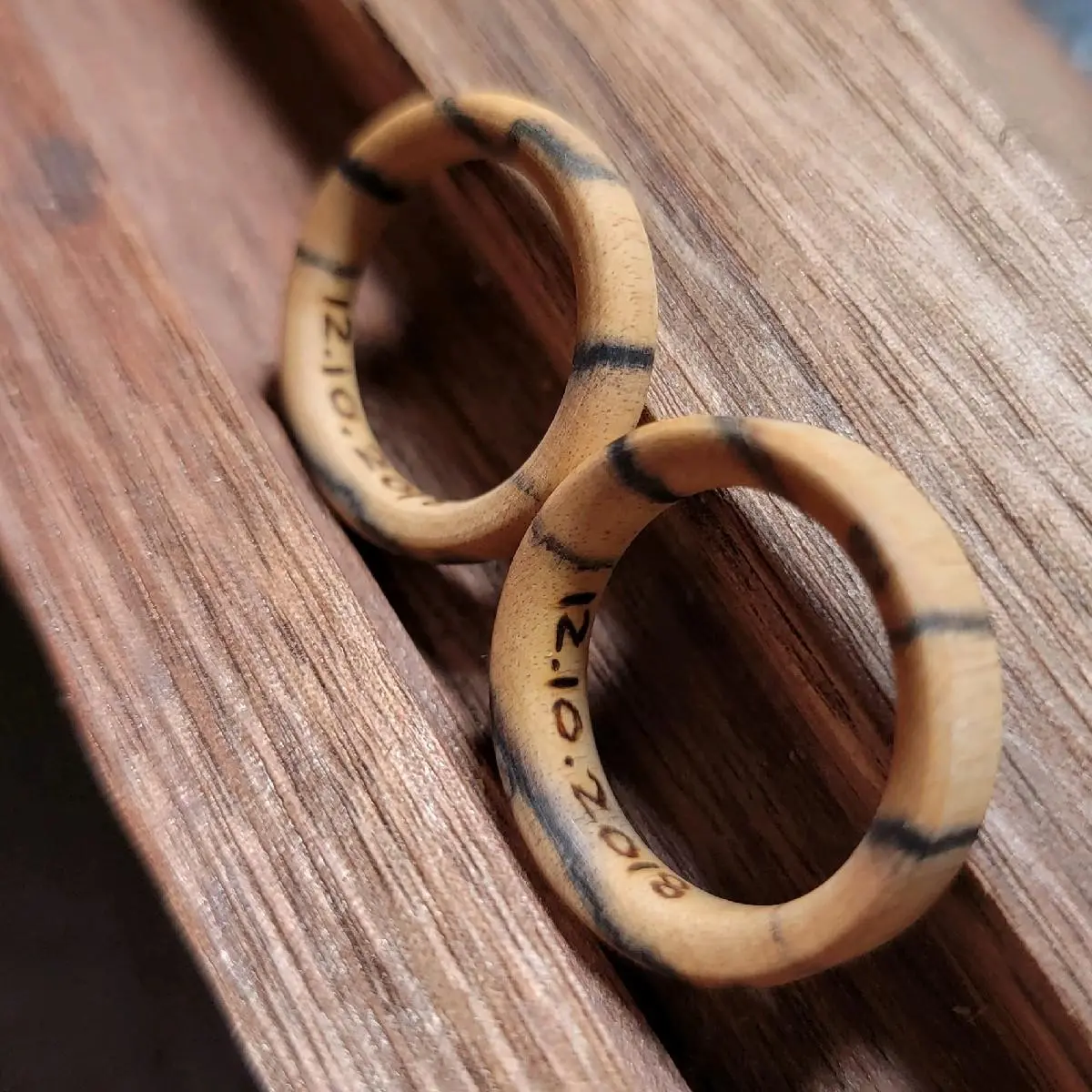 Hand Crafted Custom Sized Tiger Ebony Wooden Rings for Anniversary with Satin Shine Finish from African Black and White Ebony Wood