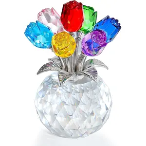 Crystal Rose Bouquet Flower Figurine - Pink Rose Gifts for Women, Collectible Floral Glass Ornaments for Valentine's Day, Mother's Day