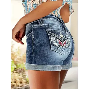 Dear Women'S Denim Shorts With Embroidered Wings, Mid-Rise, Cuffed Hem, Dark Blue Wash