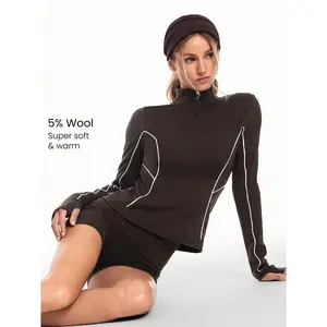 GLOWMODE Chic In Warmth Collection Freeze Flow Wool Blend Soft Cozy Warm Slim Fit Hip Length Contrast Piping Thumbholes Half Zip Pullover Jacket Autumn Winter Outdoors Daily Casual Wear