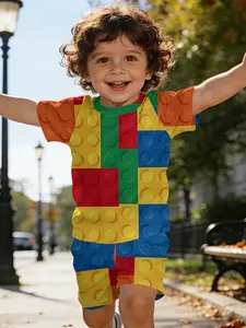 Lego Classic Colorblock Baby Short Sleeve Set, Casual Cartoon Print Toddler Clothing, Perfect Gift for Infants, 100% Polyester
