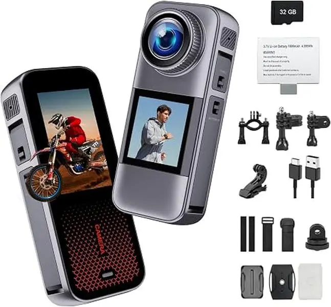 Action Camera with Dual Color Screen,Body Waterproof Camera Suitable for Travel Motorcycle Helmet Cameras, Equipped with 32GB Card, 2 Batteries, and Various Installation Kits,vlogging camera