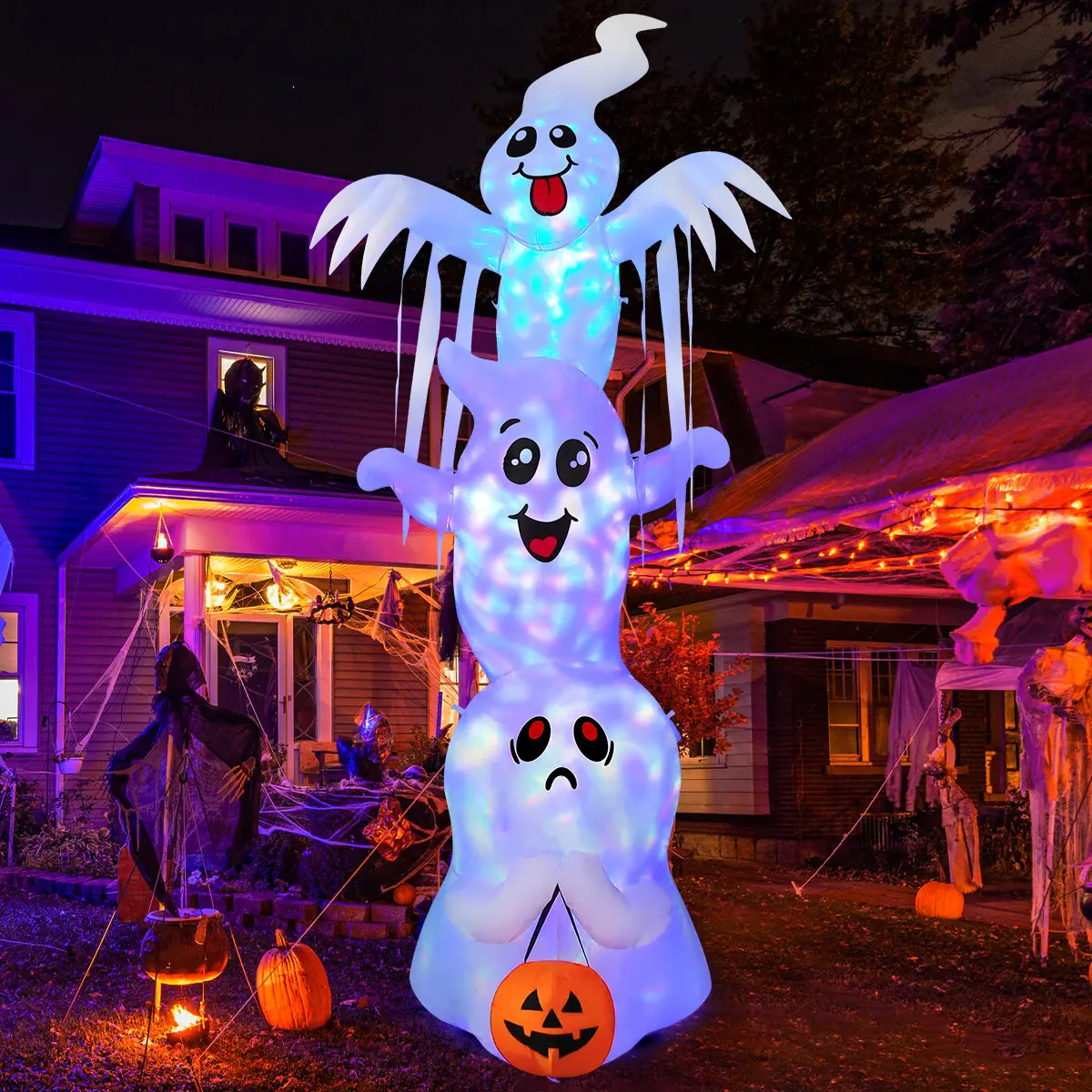 GOOSH 9.8 ft Halloween Inflatable Stacked Ghost Decoration with LED Lights