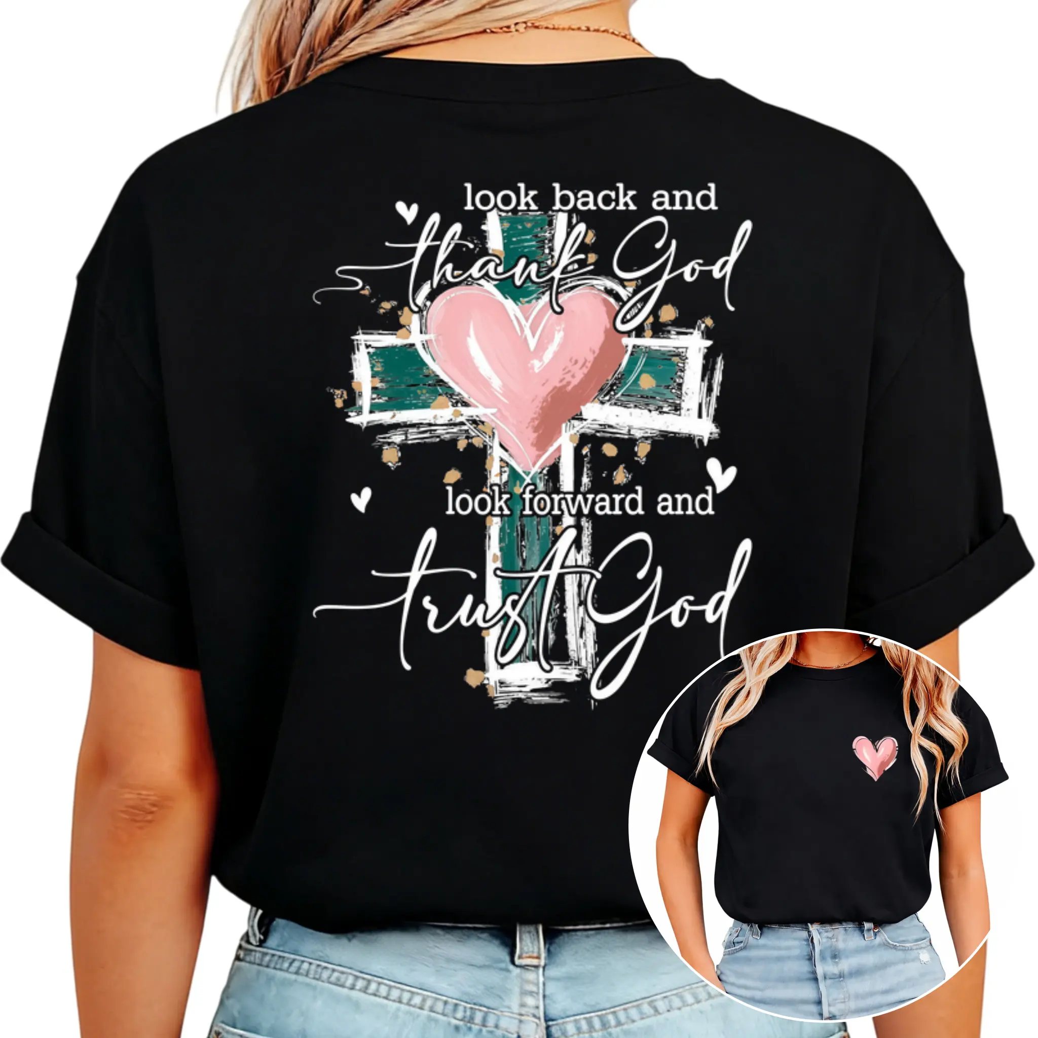 Thank God Trust God Faith Quote Graphic T-Shirt, Pink Heart Cross Print Tee, Classic Crew Neck Shirt, Christian Casual Short Sleeve Top, Trendy Faith Aesthetic Cotton Tee for Christian Believers, Religious Style Fans and Casual Fashion Enthusiasts