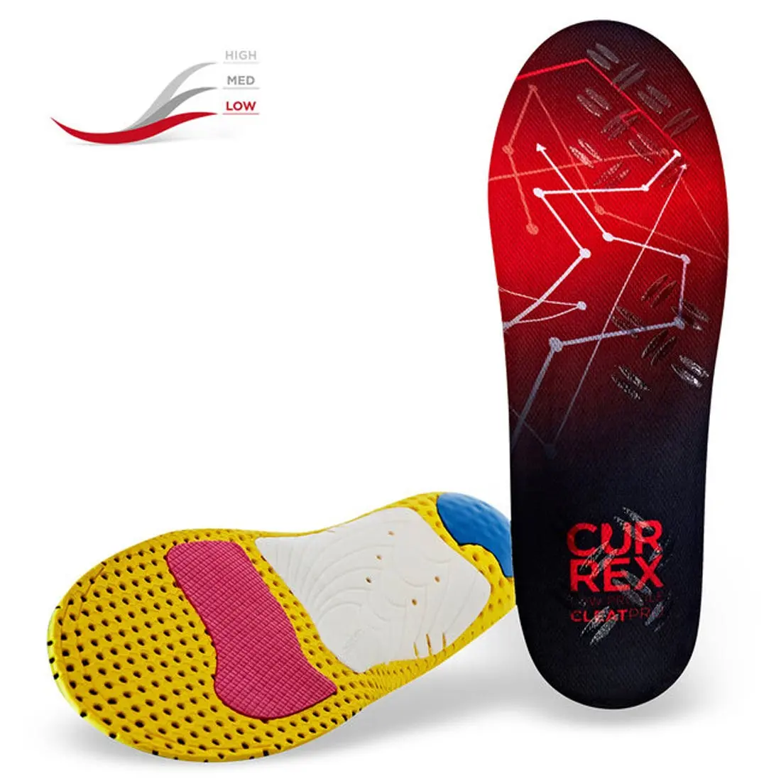 CleatPro Low Profile Arch Support Insoles - Red Low Arch Athletic Shoe Inserts for Pro Athletes, Replace Fit, 3D Stable Support, Decoupled Heel Cup, Anti-Slip Grip, Targeted Cushioning, Flexible Cleats Use, Foot Pain Relief, Ball Control Enhancement
