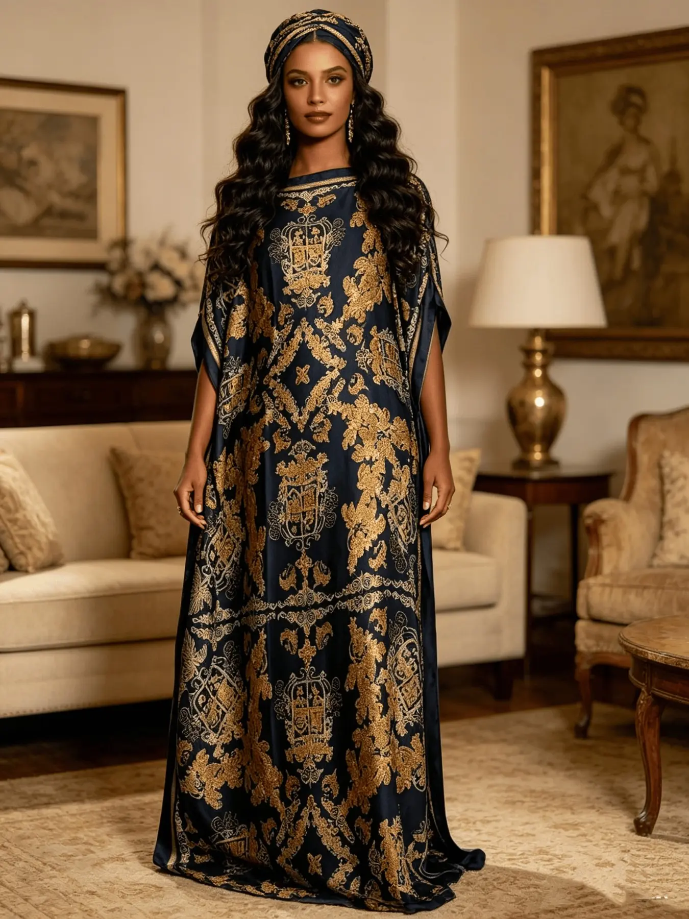 1 Robe+1 Scarf Black Gold Baroque Royal Printed Kaftan, Ethnic Print Kaftan, Boho Kaftan, Boubou Robe Dress Set Large Ship Collar Loose Flesh Covering Long Dress Light Luxury Noble Muslim Vacation/Daily Slimming Two Piece Set