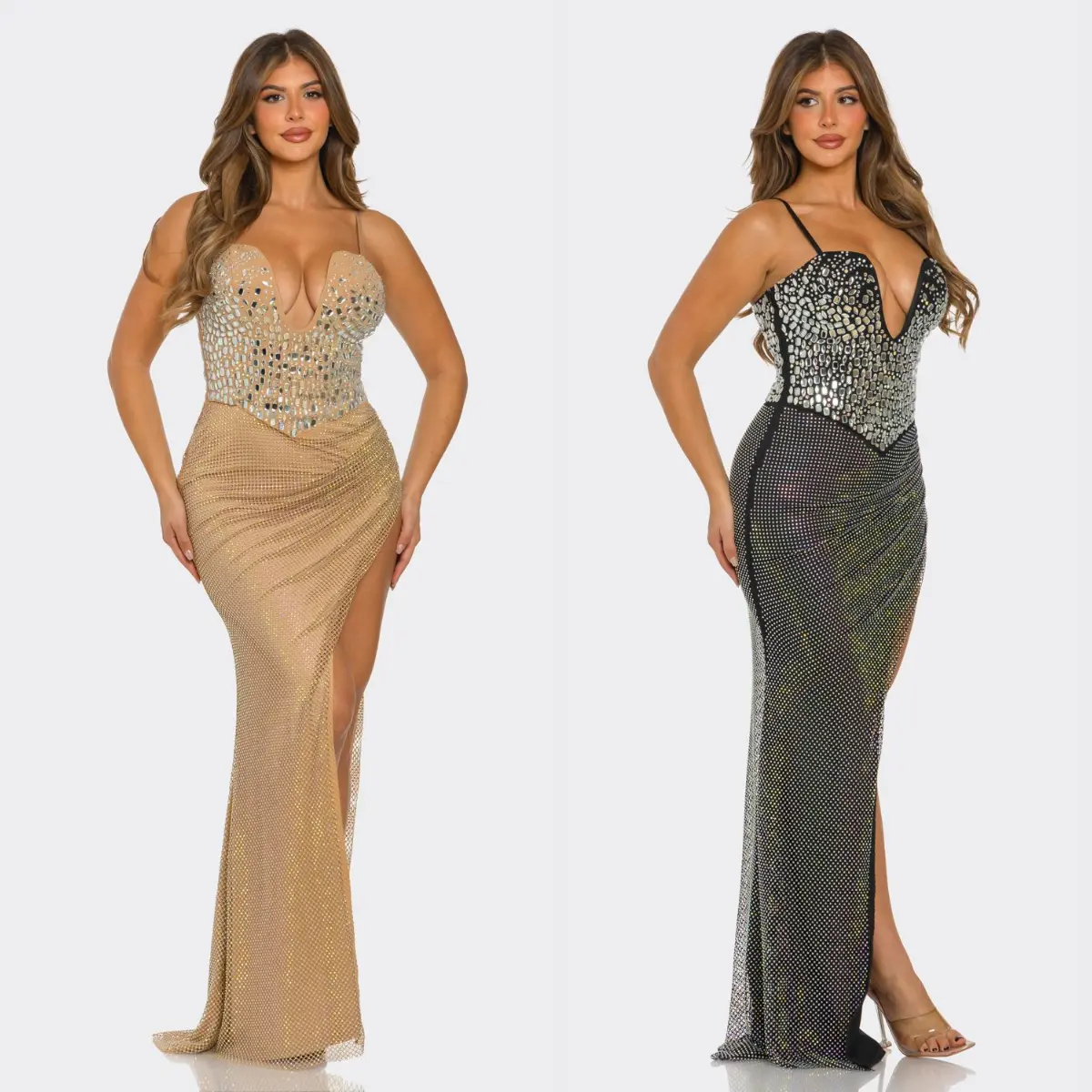 Luxury Crystal Corset High Slit Evening Gown – Glam Rhinestone Maxi Dress for Women | La Belle Gina Boutique Fabric Formal