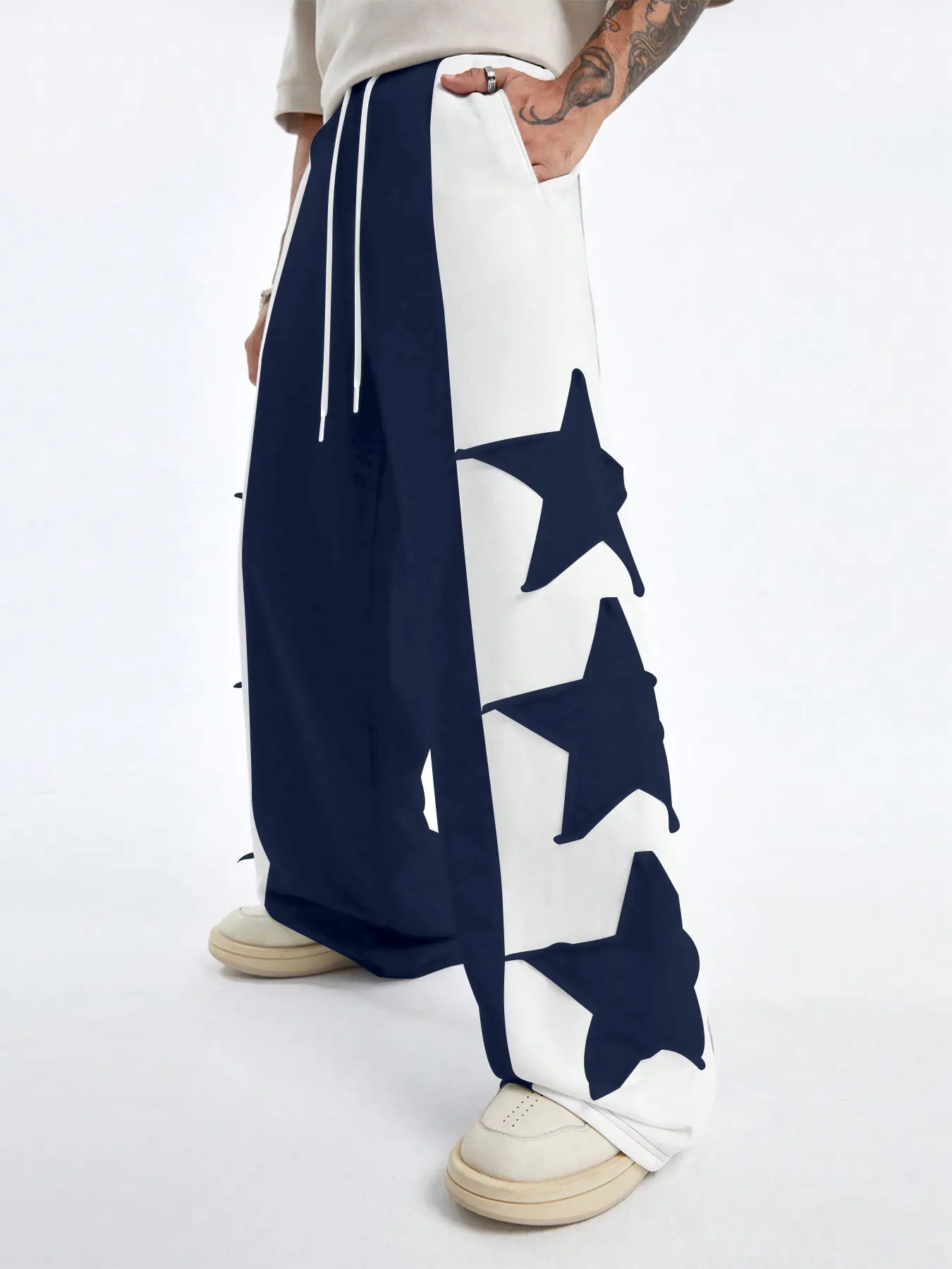 Color-block star unisex patchwork casual pants, Y2K long pants, loose sweatpants with star pattern, straight-leg wide-leg long pants with a drapey feel