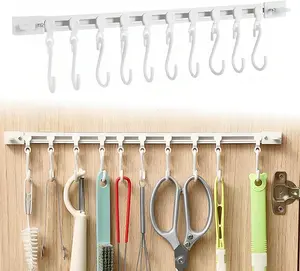 Multifunctional Slide Rail Hook Kitchen Utensil Hanging Rack Wall Mounted Hanger Space Saving Utensil Holder with 10 Hooks Sliding Track Hook No Drilling Hanger for Home Office Length 30cm 2pcs Room Organization Products Hangable Installation