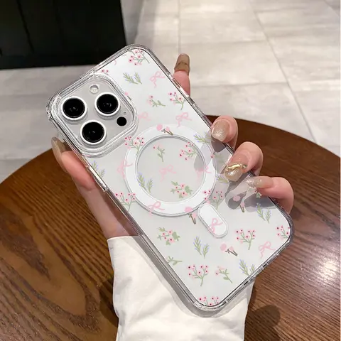 Magnetic Soft Transparent Cellphone Case Cover for iPhone 11-16/Pro Max, Pink Maiden Flowers MagSafe Compatible Casing, Shockproof Phone Accessories with Aesthetic Cute Pattern for Handheld Device Protection