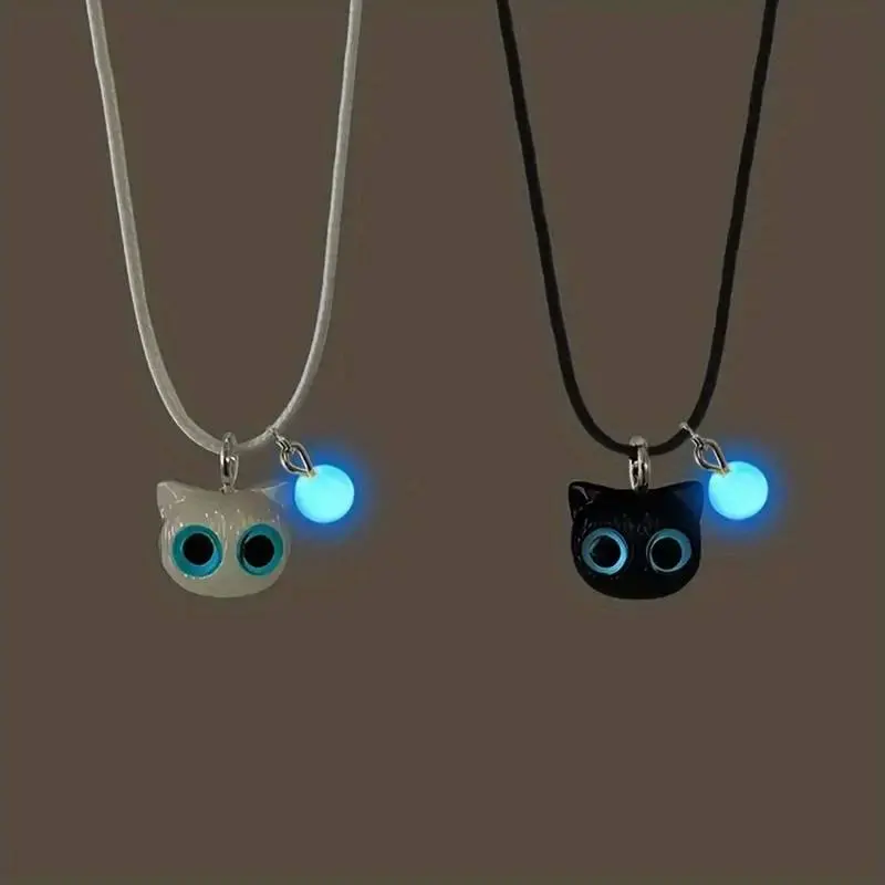 2pcs Cute Kitten Necklaces with Glowing Black & White Pendants - Vintage Style, Perfect for Gifts and Parties, Party Accessories|Playful Design|Vintage Style Necklaces