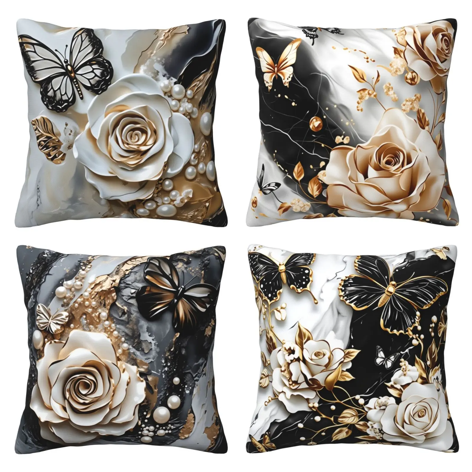 Elegant butterfly rose design pillowcase, modern sofa cushion cover, used for home decoration, 4-piece set with double-sided printing
