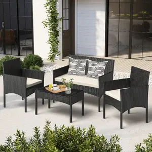 4-Piece All-Weather Outdoor Rattan Furniture Set with Thick Cushions & Tempered Glass Table, Patio Conversation Sofa Set for Garden, Backyard, Poolside, Balcony, Black/Gray