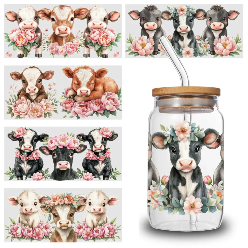 5 Sheets Cow Floral UV DTF Stickers - Motivational Art, Heart Decoration, Retro Halloween Bat, Anti-Reflective Window Tint, Cup Wraps for Home Decor Vinyl Accents