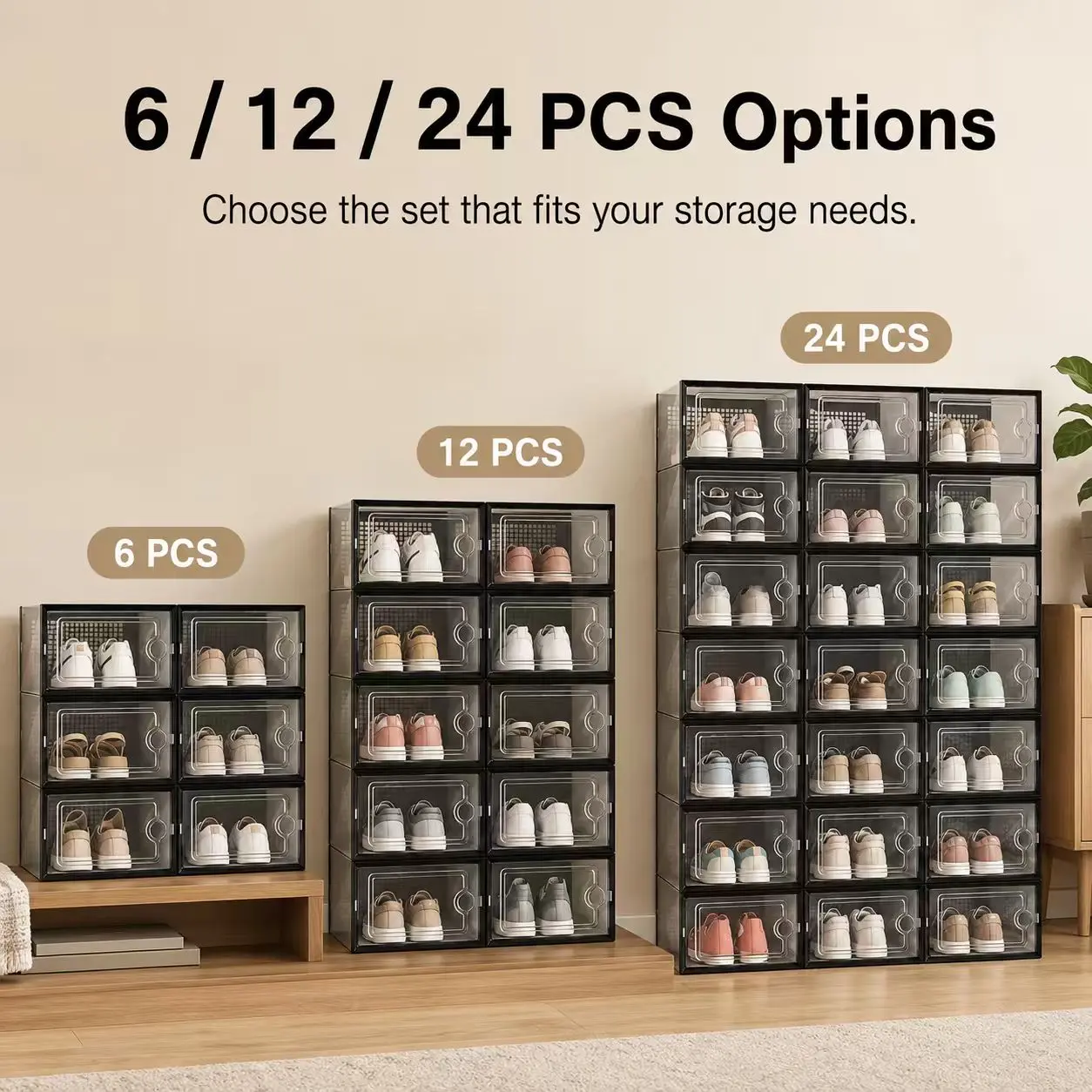 6/12/24-Pack Stackable Ventilated Shoe Storage Boxes with Front Flip Door - Space Saving House Organizer Bins for Closet, Casual Shoe Storage (Black/White)