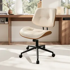CAODOC Home Office Desk Chair with Wheels, Armless Adjustable Height PU Leather Office Chair, Mid Back Ergonomic Computer Chair, Walnut Curved Seat Design No-Arm Chair