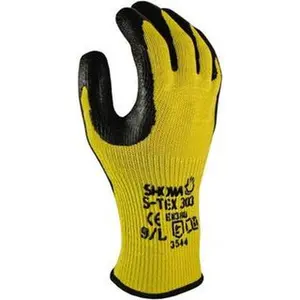 SHOWA S-TEX303L-09 Kevlar Fiber Cut Resistant Gloves, Size L (9), ANSI Cut Level 8, 10" Long, Natural Rubber Latex Coated Palm & Fingertips, High Strength Fiber/Stainless Steel Layer, Knit Wrist, Yellow/Black Pair